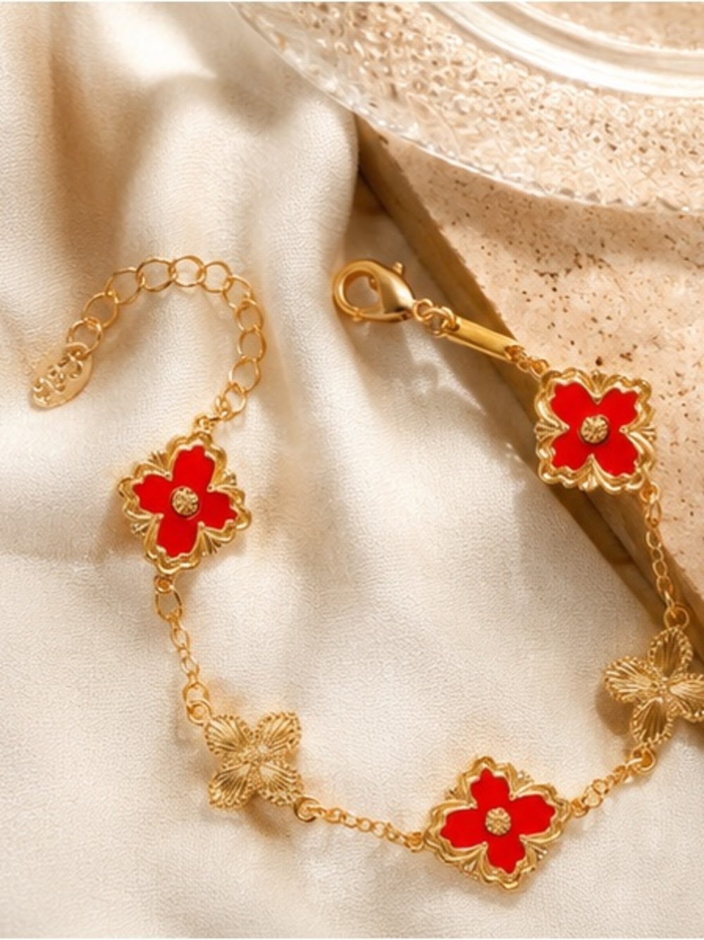 Designer Inspired Gold & Red Floral Clover Charm Bracelet